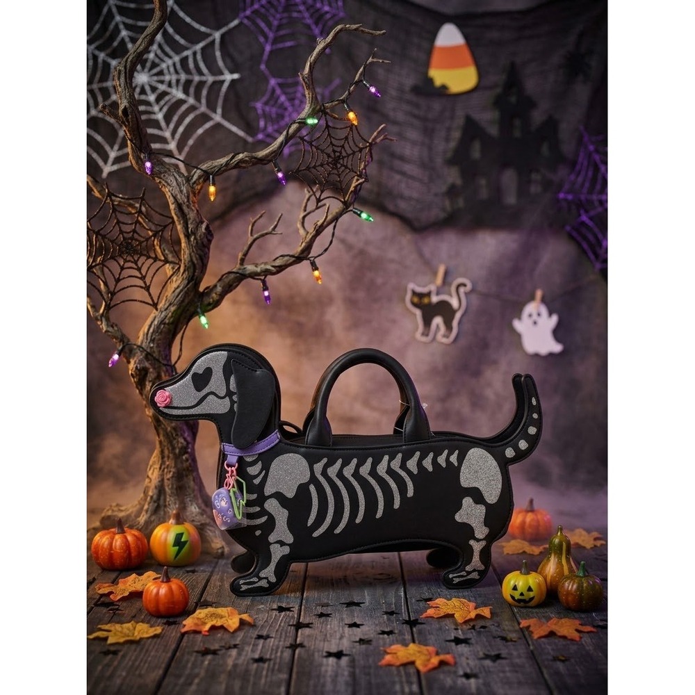 Betsey Johnson XOBARK Dachshund Skeleton Crossbody Bag Black Multi Halloween